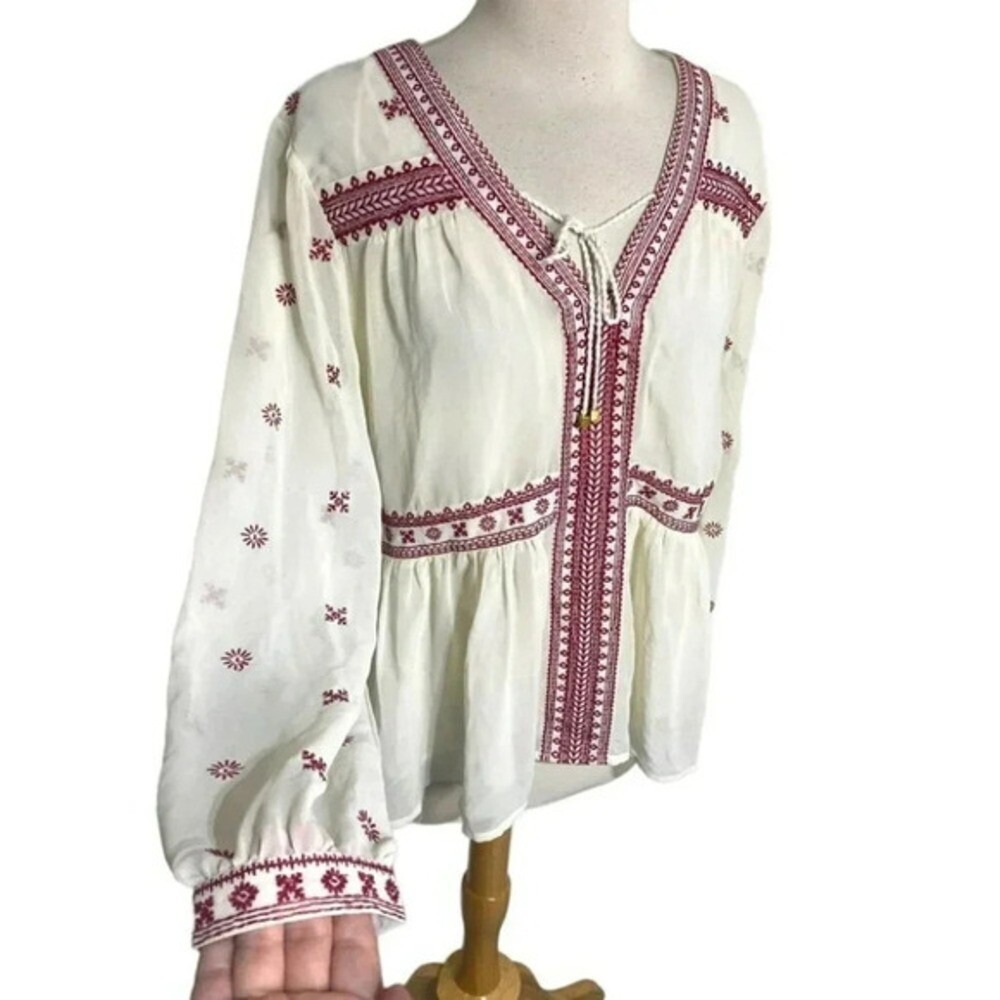 Romeo + Juliet Couture Peplum Blouse L Ivory Red Boho Embroidered RJ42641‎
